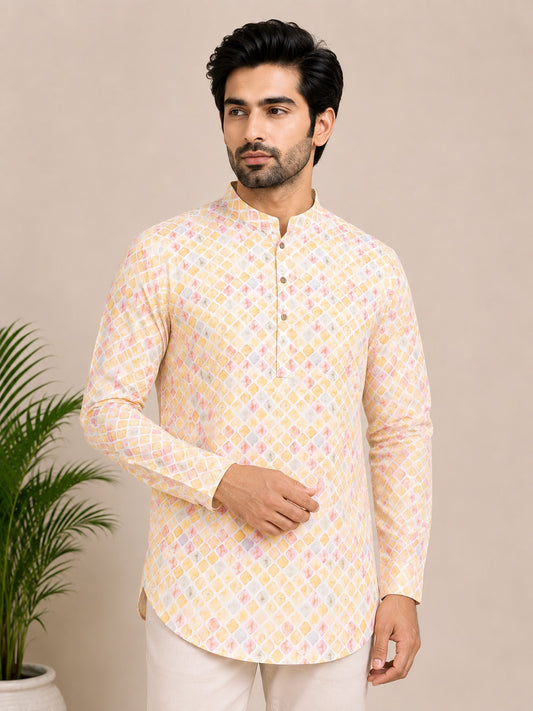 Multi Coloured Linen Printed Short Kurta