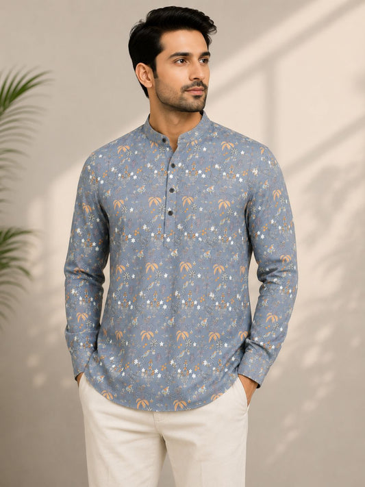Pearl Grey Cotton Printed Short Kurta