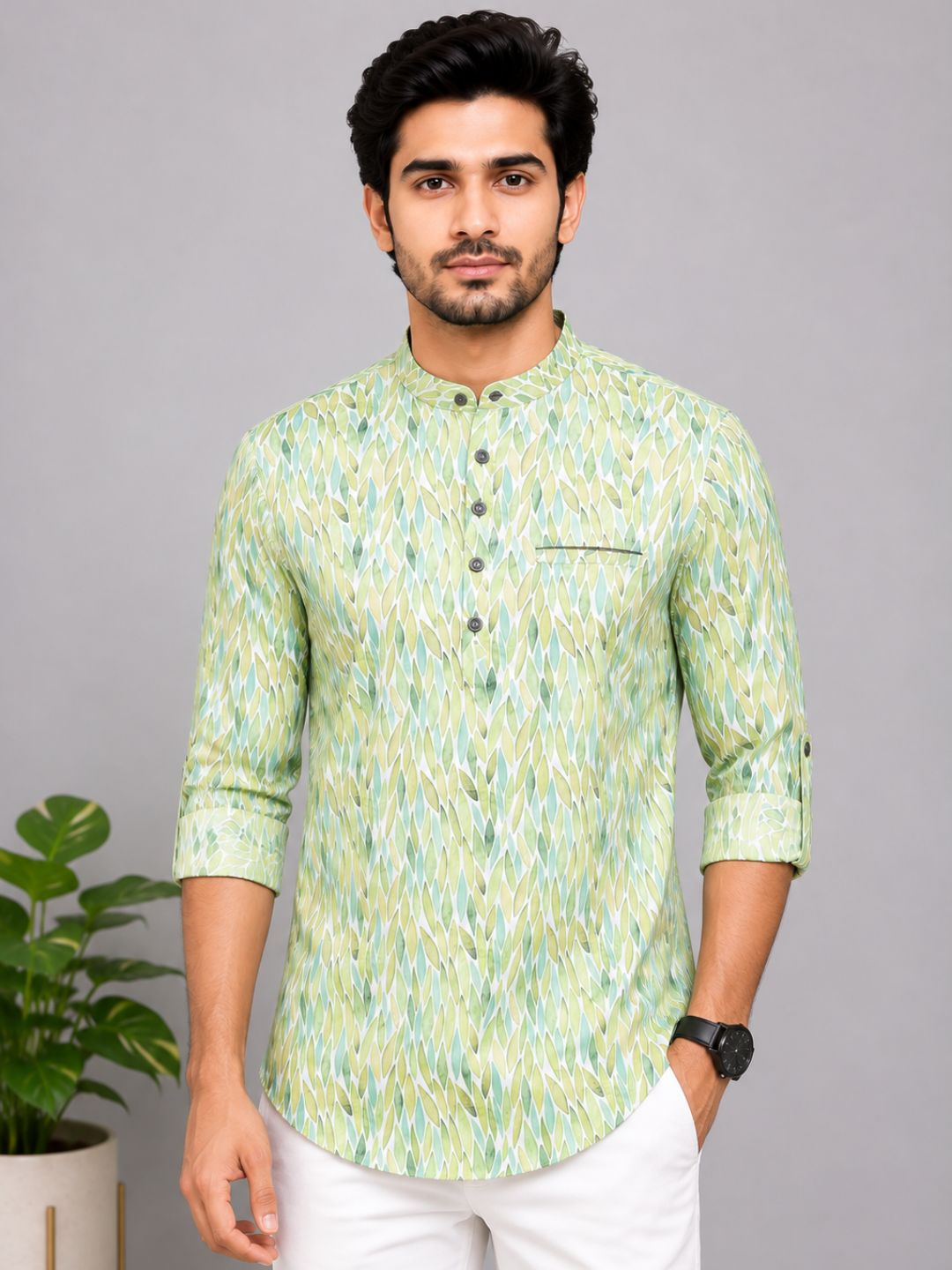 Pista Green Cotton Printed Short Kurta
