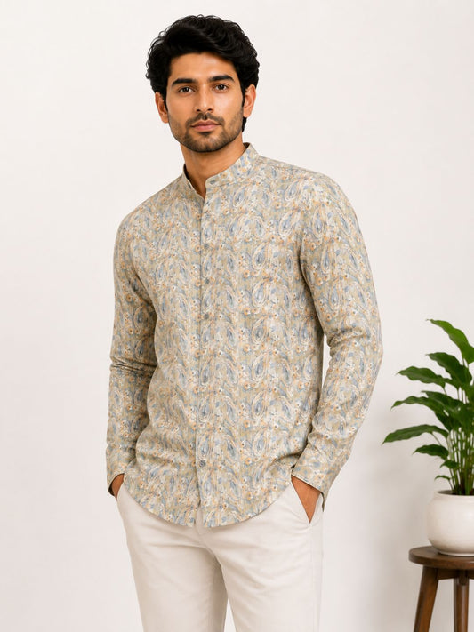 Beige Cotton Printed Short Kurta