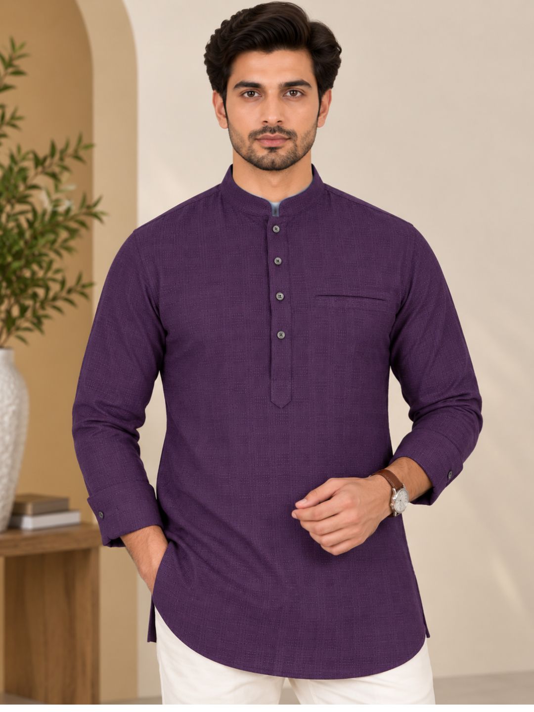 Wine Plain Textured Short Kurta