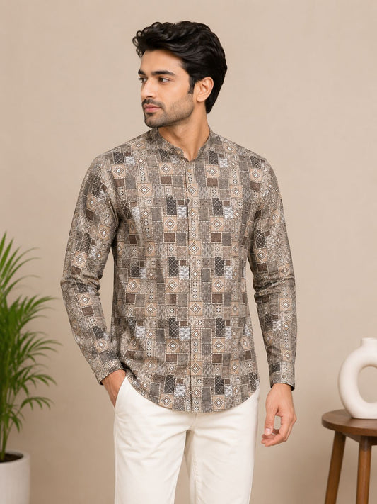 Olive Green Cotton Printed Short Kurta