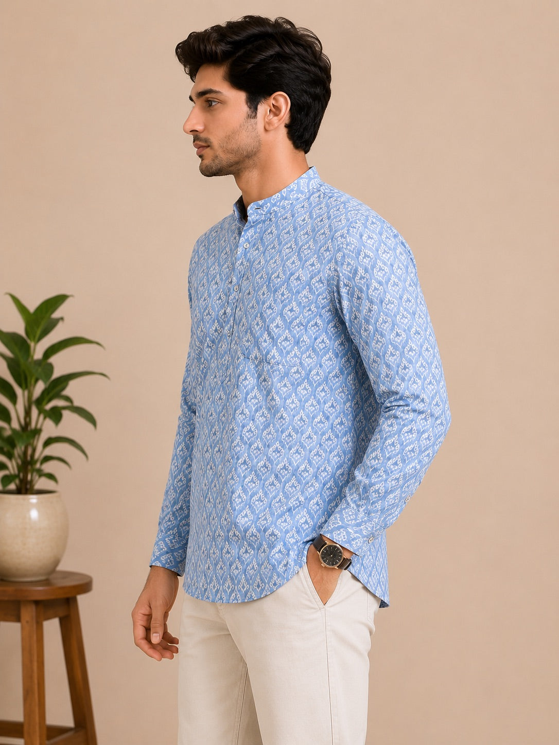 Sky Blue Cotton Printed Short Kurta
