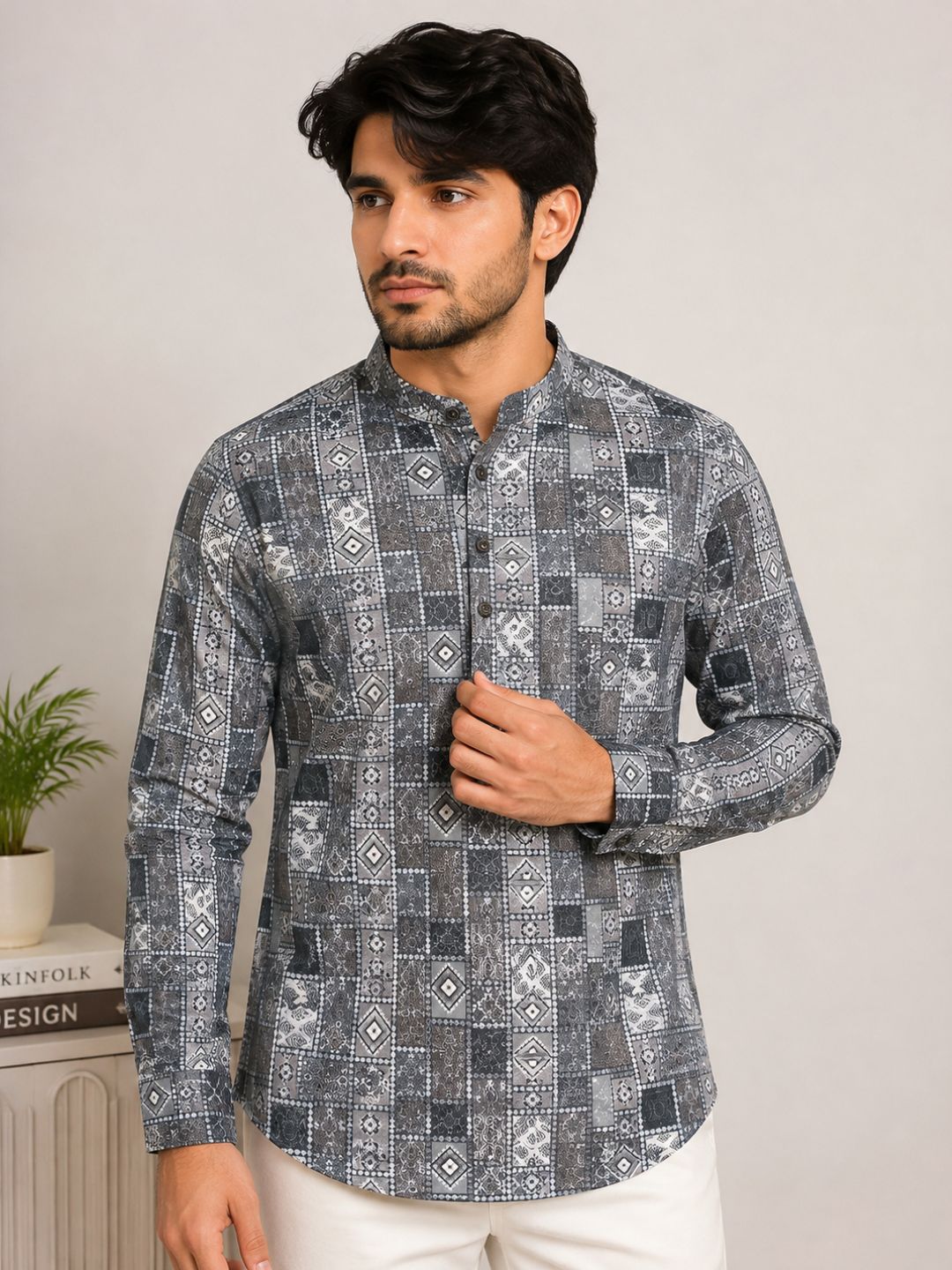 Ash Grey Cotton Printed Short Kurta