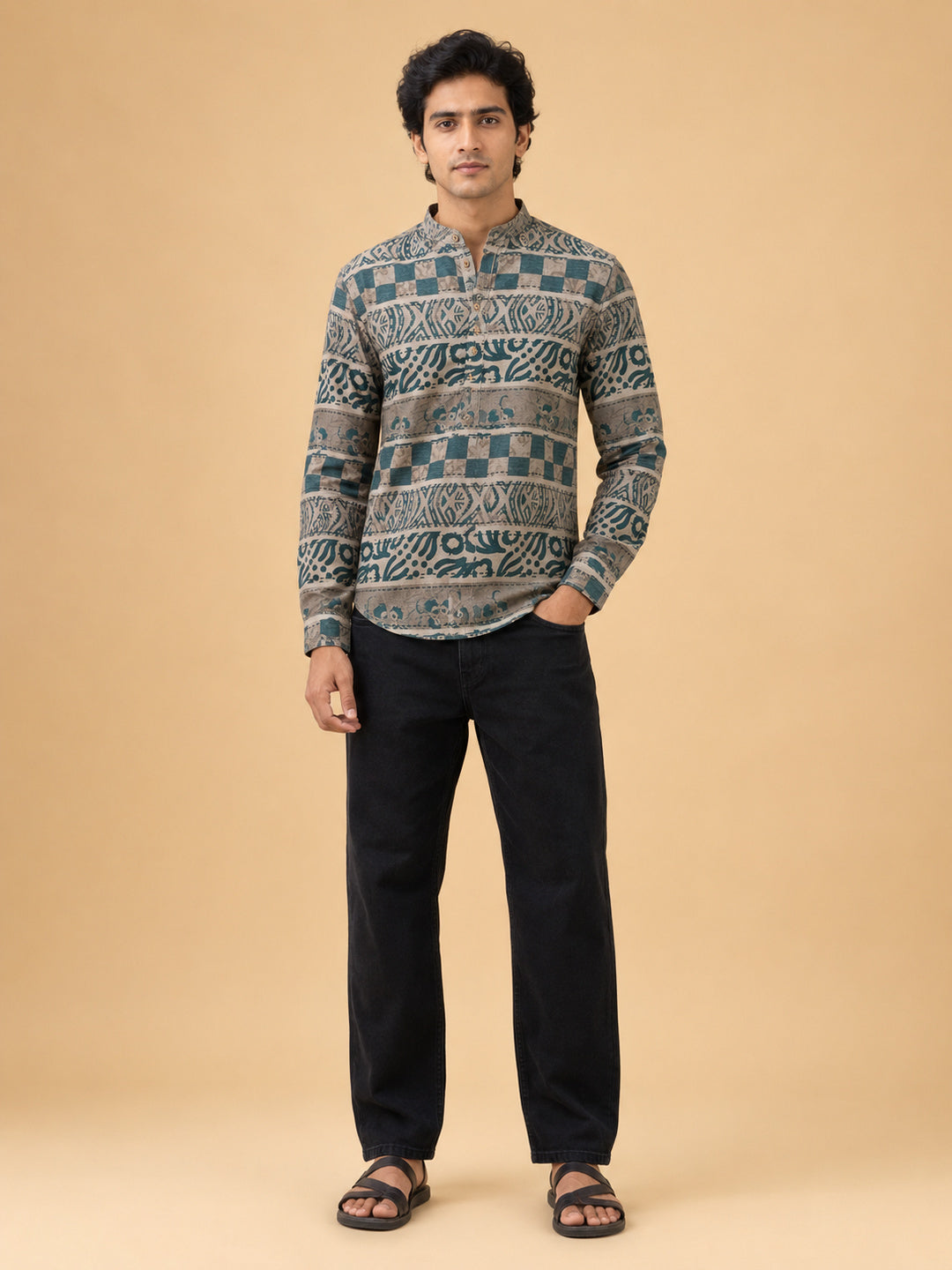 Bottle Green Linen Printed Short Kurta