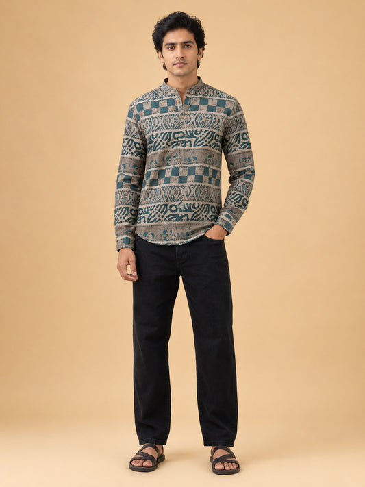 Bottle Green Linen Printed Short Kurta