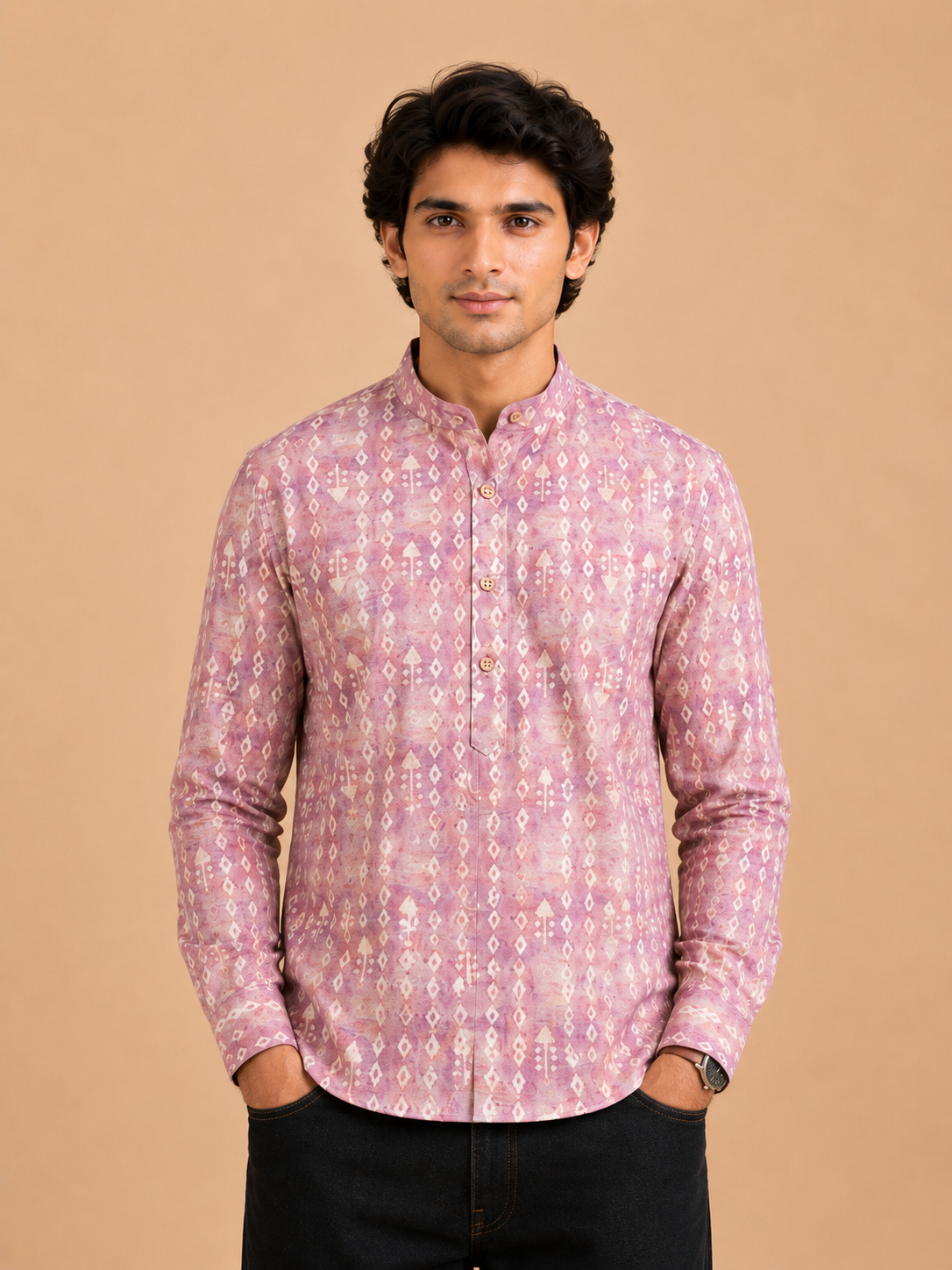 Onion Pink Linen Printed Short Kurta