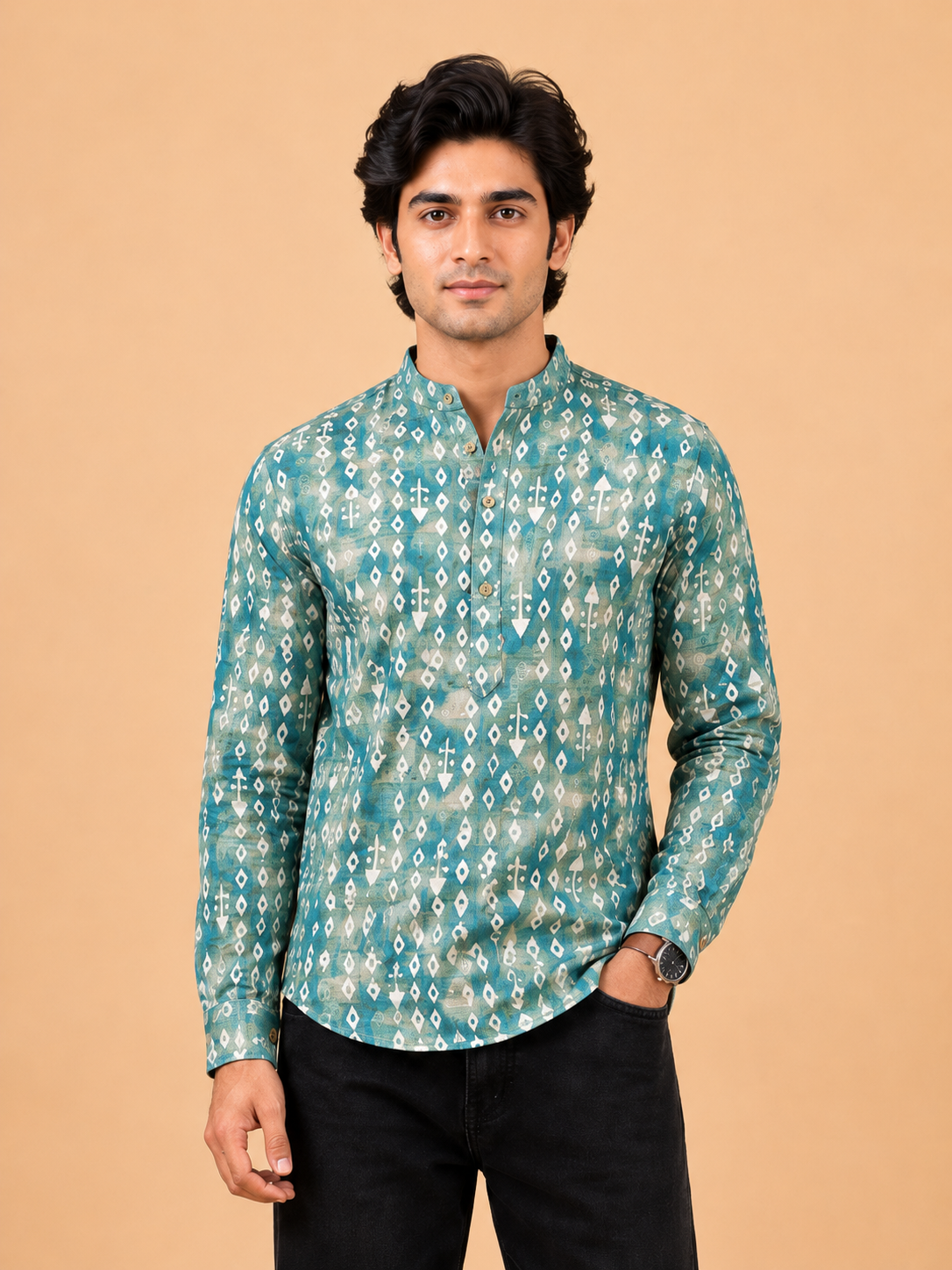 Mint Green Linen Printed Short Kurta