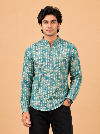 Mint Green Linen Printed Short Kurta