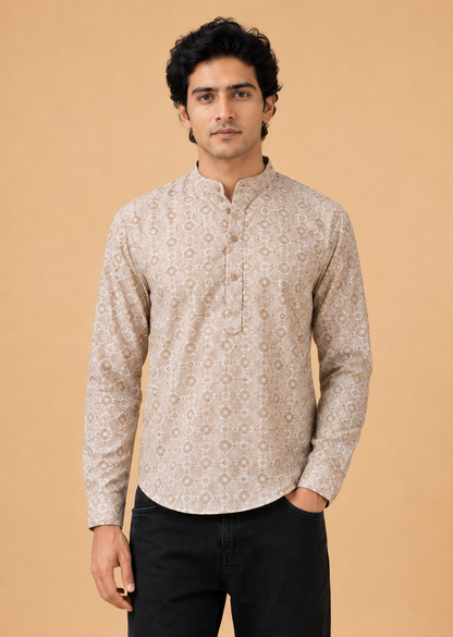 Beige Linen Printed Short Kurta