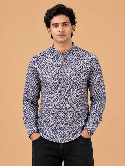 Gray Linen Printed Short Kurta