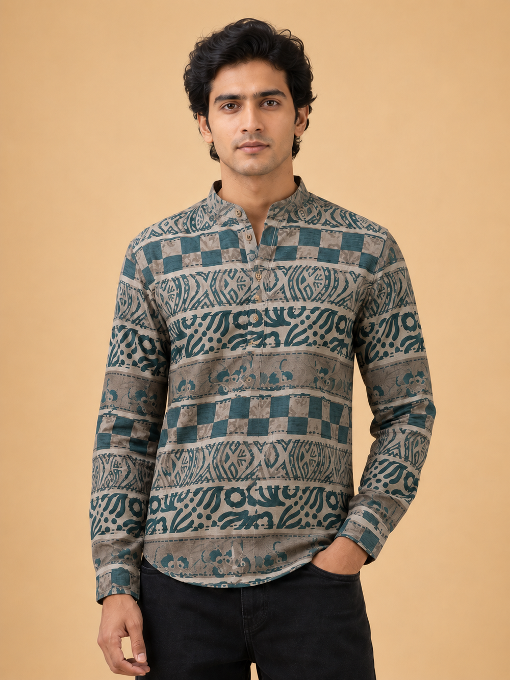Bottle Green Linen Printed Short Kurta