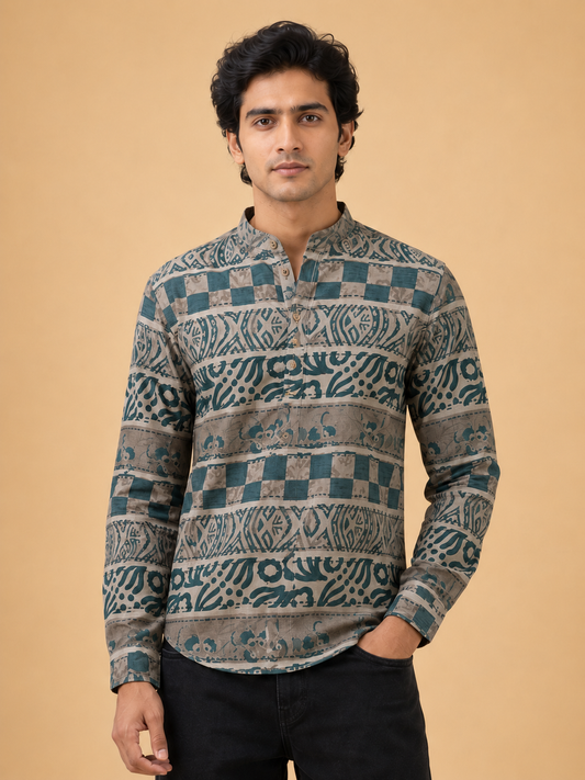Bottle Green Linen Printed Short Kurta