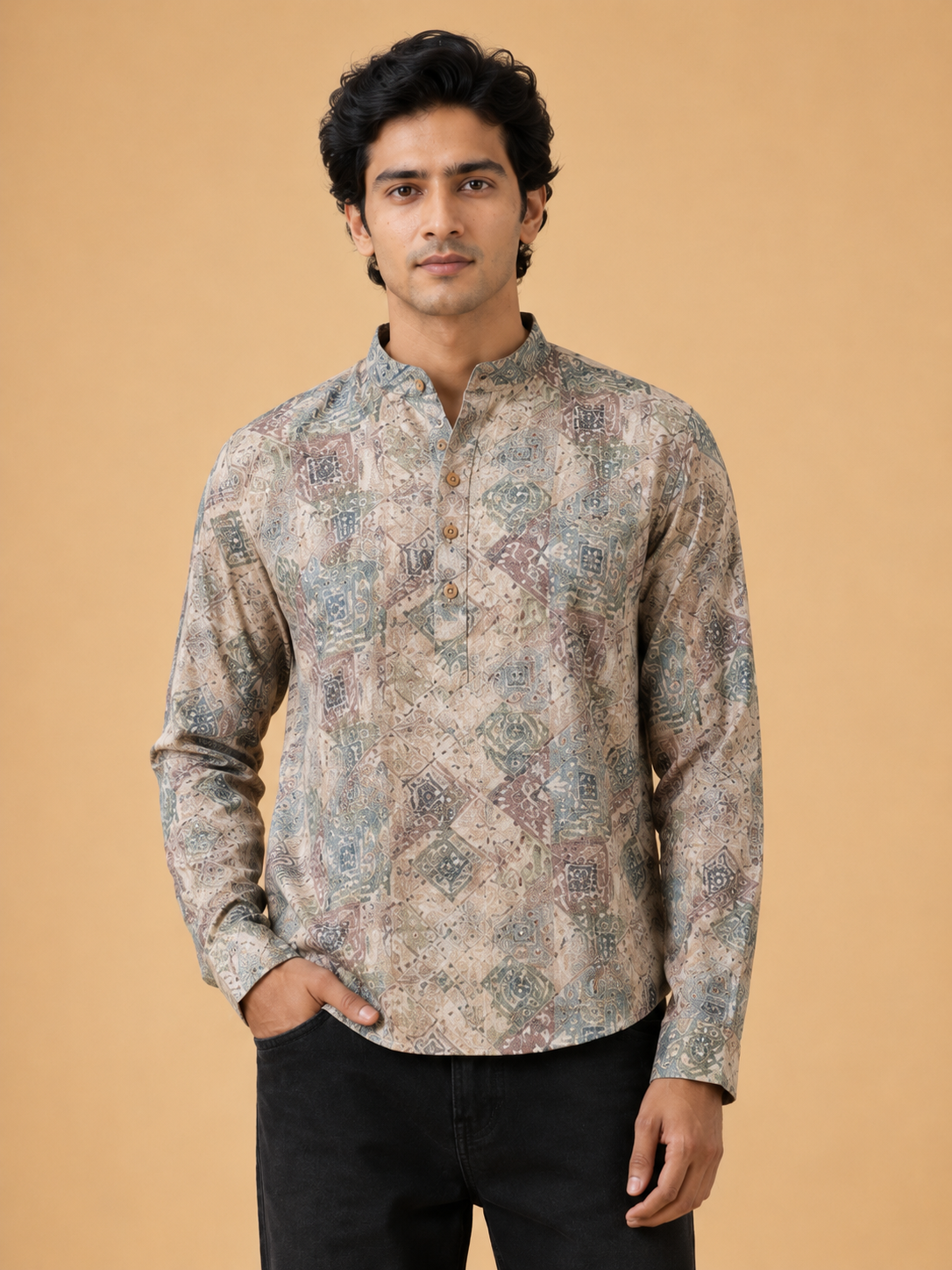 Beige Linen Printed Short Kurta