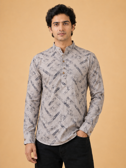 Beige Linen Printed Short Kurta