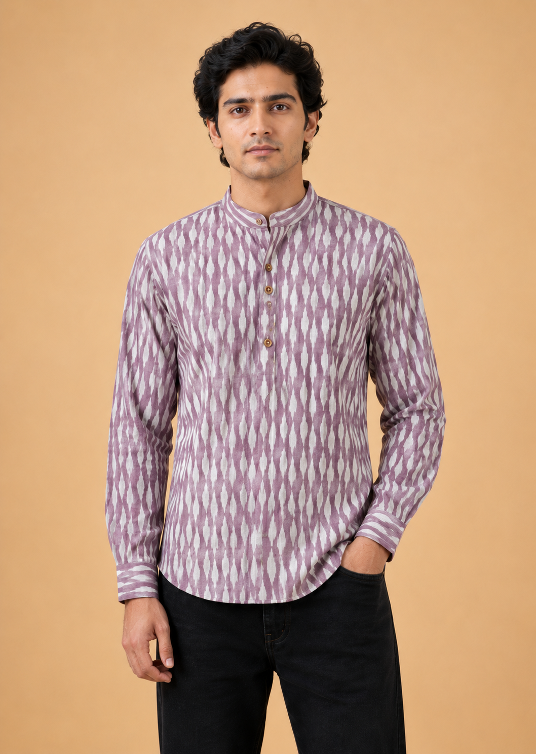 Lavender Linen Printed Short Kurta