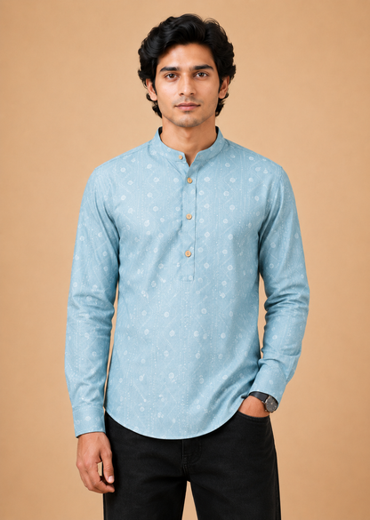 Mint Green Linen Printed Short Kurta