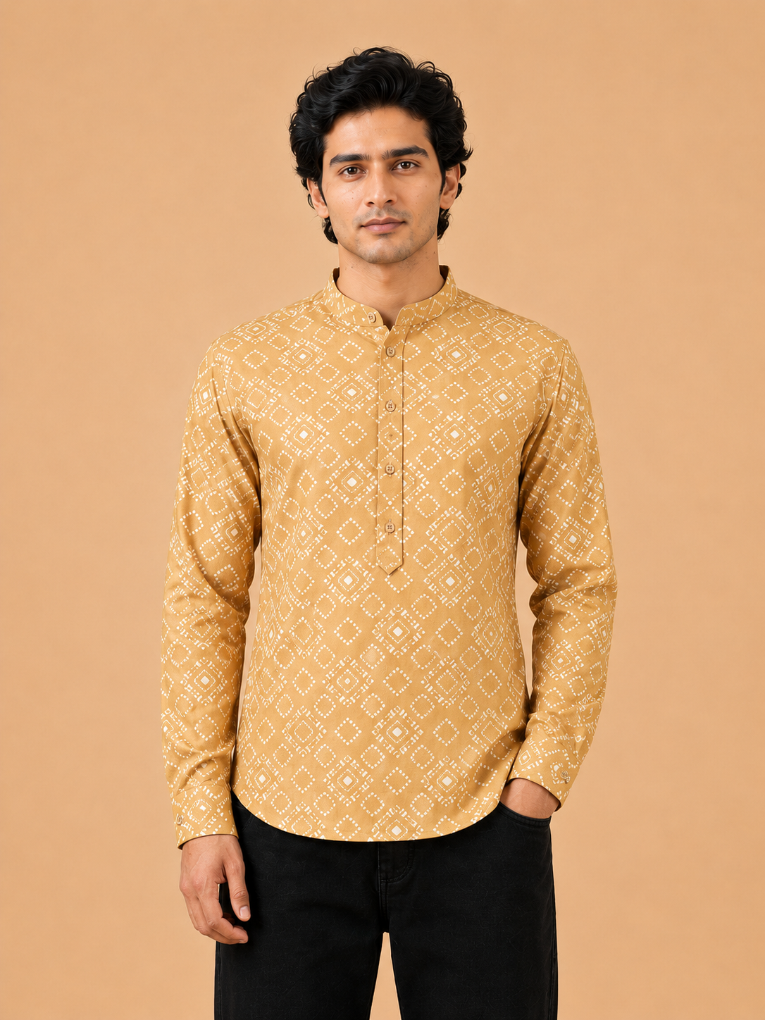 Mustard Linen Printed Short Kurta