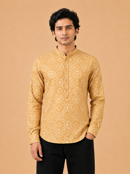 Mustard Linen Printed Short Kurta