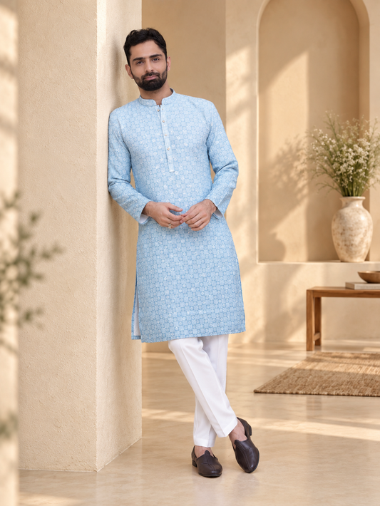 Firozi Ombre Rayon Printed Kurta Pyjama with Sequins and Thread Embroidered