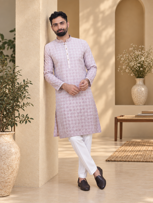 Chikoo Ombre Rayon Printed Kurta Pyjama with Sequins and Thread Embroidered