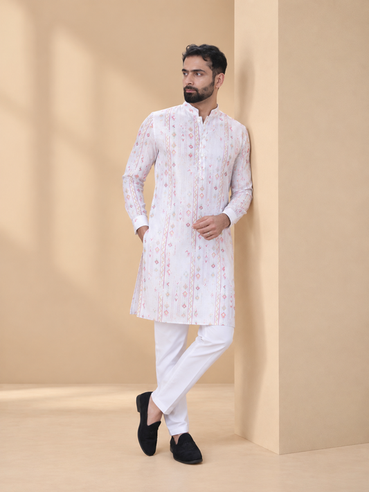 Light Gray Linen Cotton Printed Kurta Pyjama