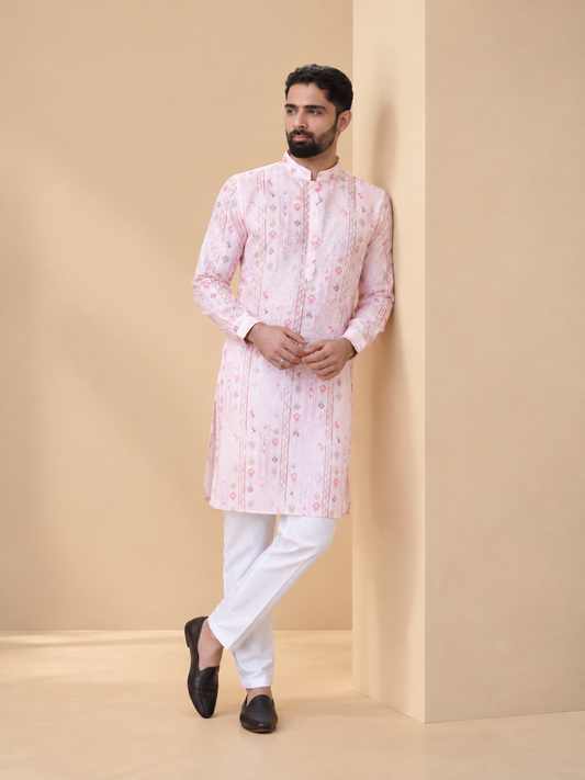 Baby Pink Linen Cotton Printed Kurta Pyjama