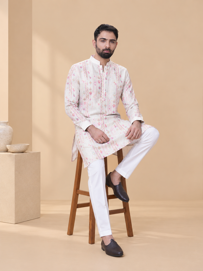 Fawn Linen Cotton Printed Kurta Pyjama