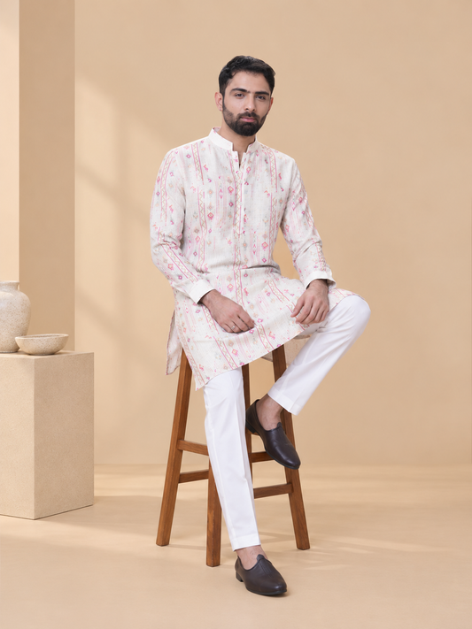 Fawn Linen Cotton Printed Kurta Pyjama