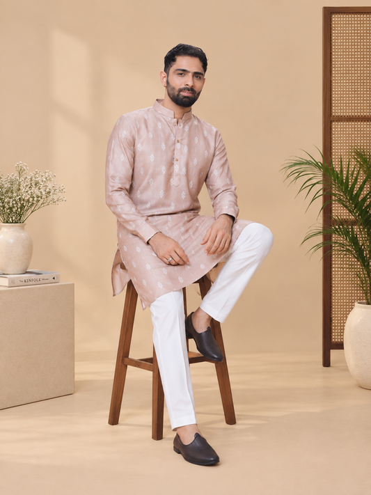Fawn Linen Cotton Printed Kurta Pyjama