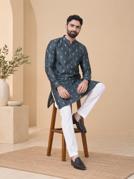 Bottle Green Linen Cotton Printed Kurta Pyjama