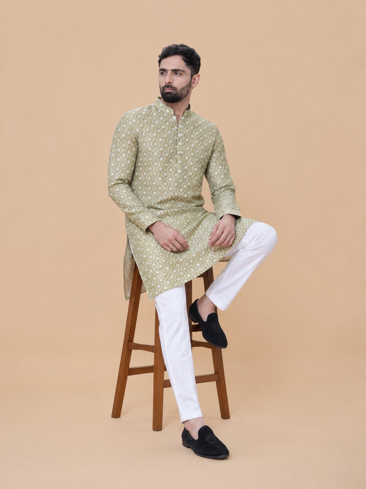 Mehendi Green Linen Cotton Printed Kurta Pyjama