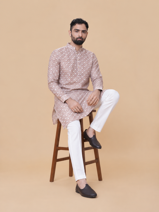 Beige Linen Cotton Printed Kurta Pyjama