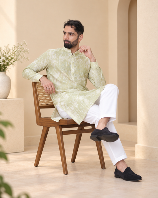 Mehendi Green Linen Cotton Printed Kurta Pyjama