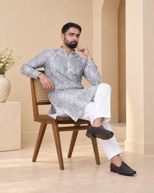 Light Gray Linen Cotton Printed Kurta Pyjama