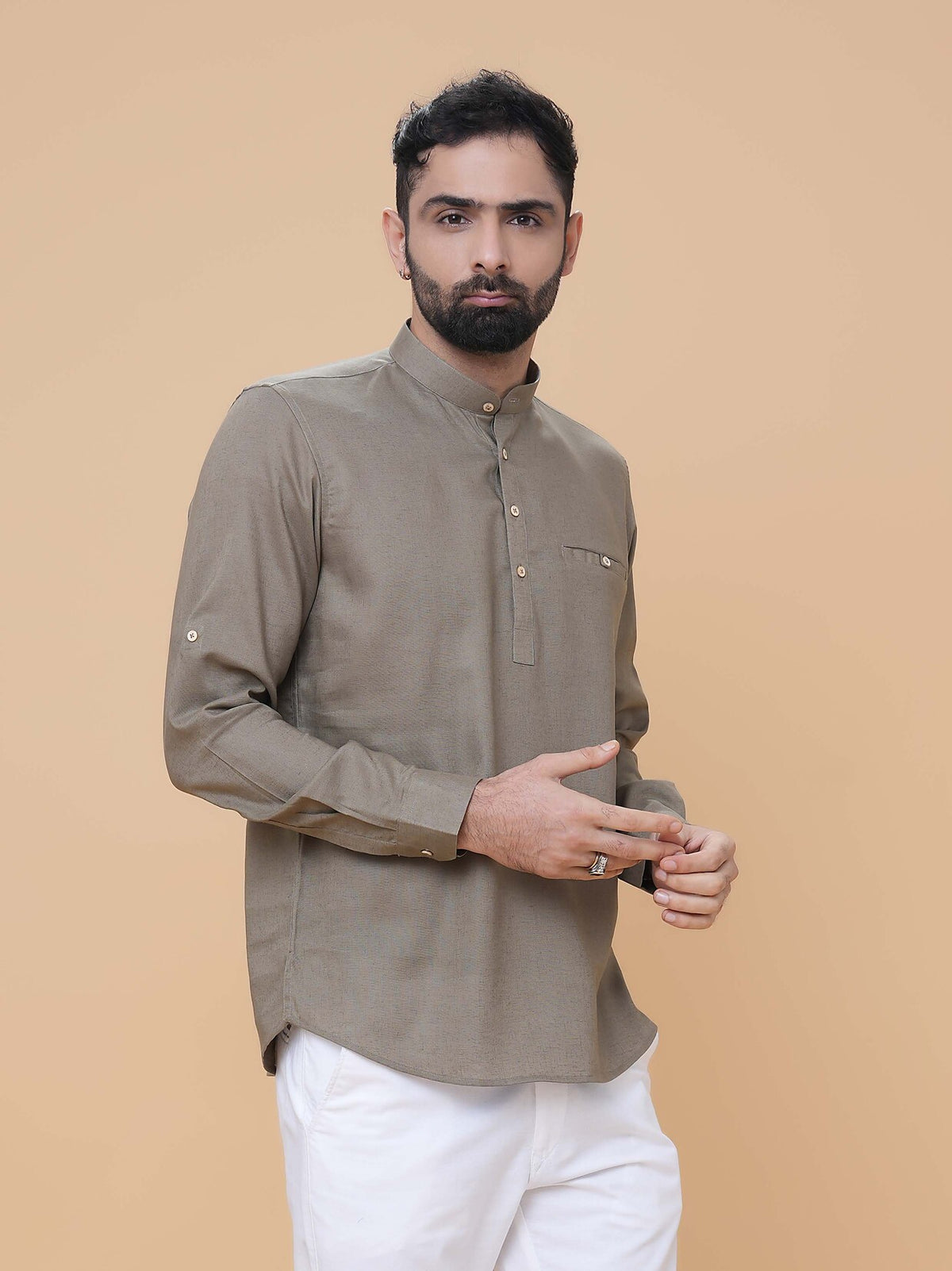 Light Olive Linen Plain Short Kurta