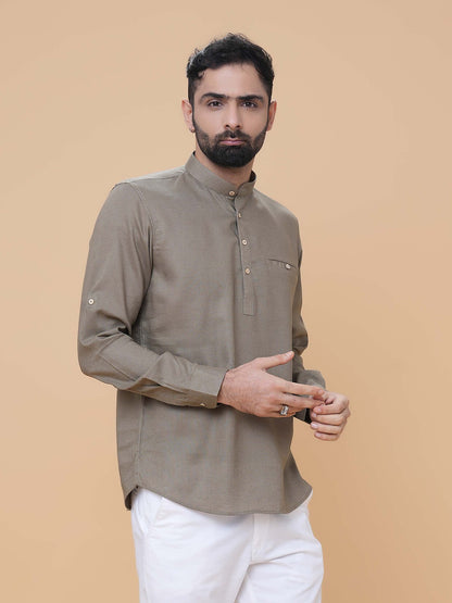Light Olive Linen Plain Short Kurta