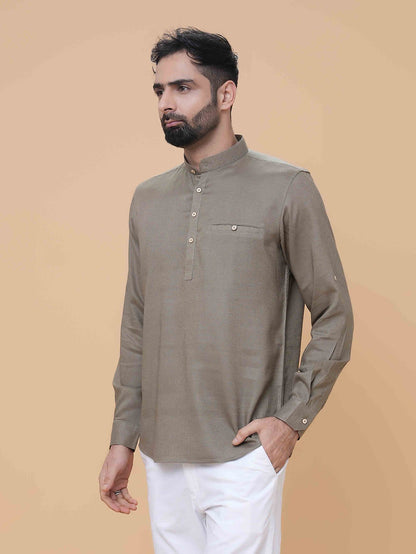 Light Olive Linen Plain Short Kurta