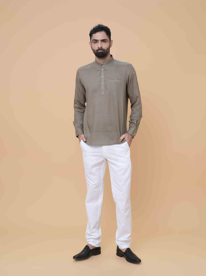 Light Olive Linen Plain Short Kurta