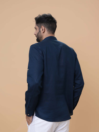 Teal Blue Linen Plain Short Kurta