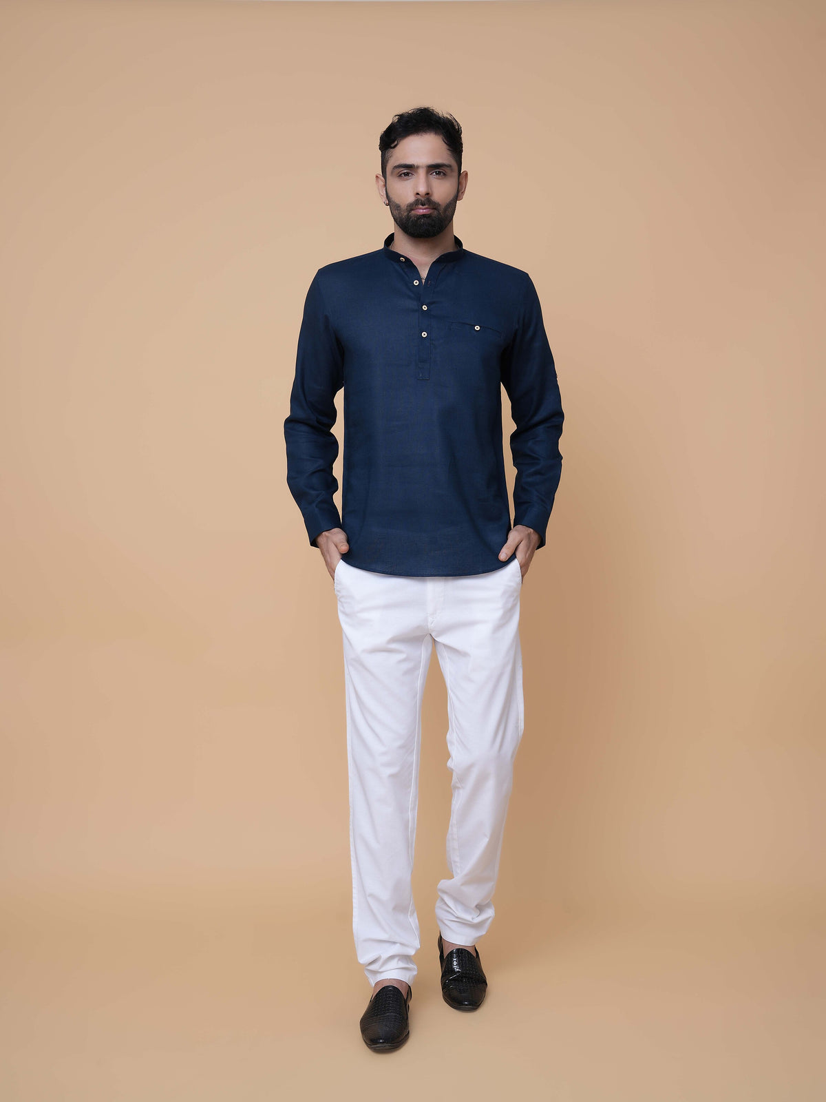 Teal Blue Linen Plain Short Kurta