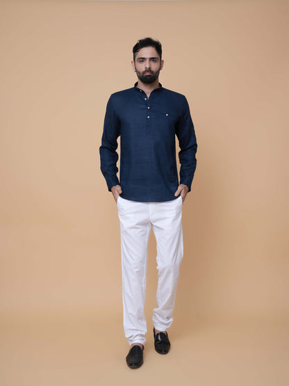 Teal Blue Linen Plain Short Kurta
