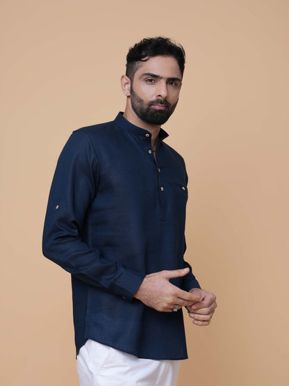 Teal Blue Linen Plain Short Kurta