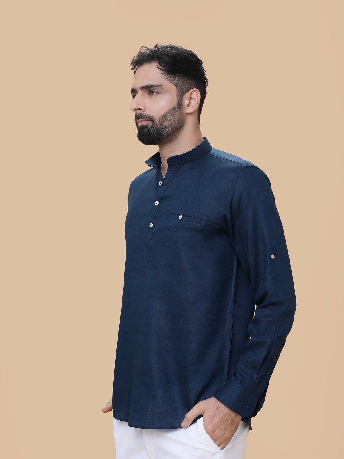 Teal Blue Linen Plain Short Kurta
