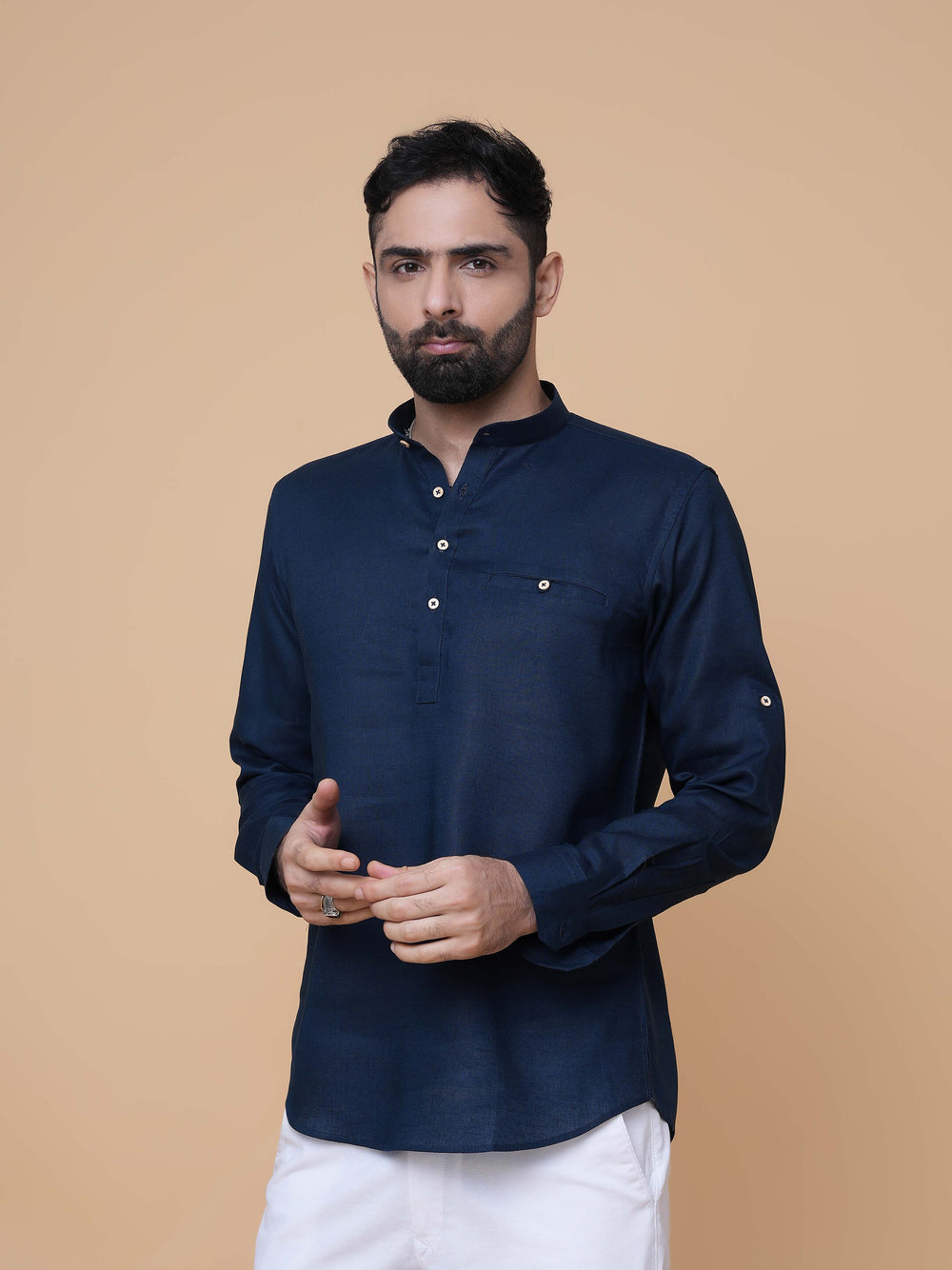 Teal Blue Linen Plain Short Kurta