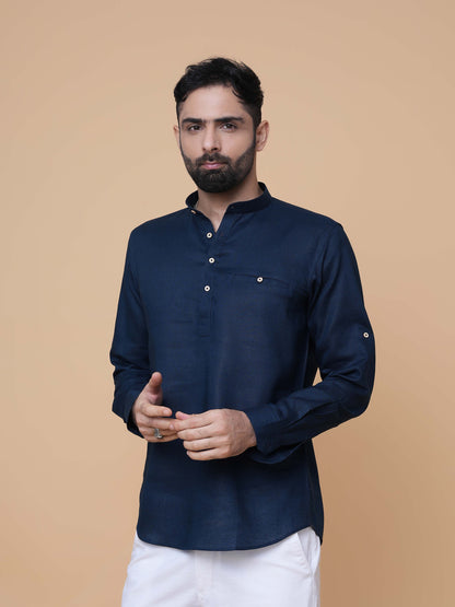 Teal Blue Linen Plain Short Kurta