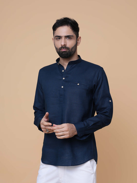 Teal Blue Linen Plain Short Kurta