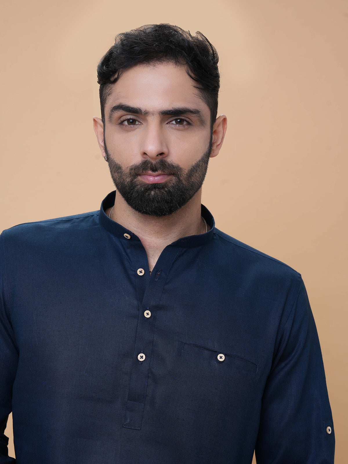 Teal Blue Linen Plain Short Kurta