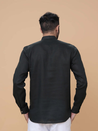 Bottle Green Linen Plain Short Kurta