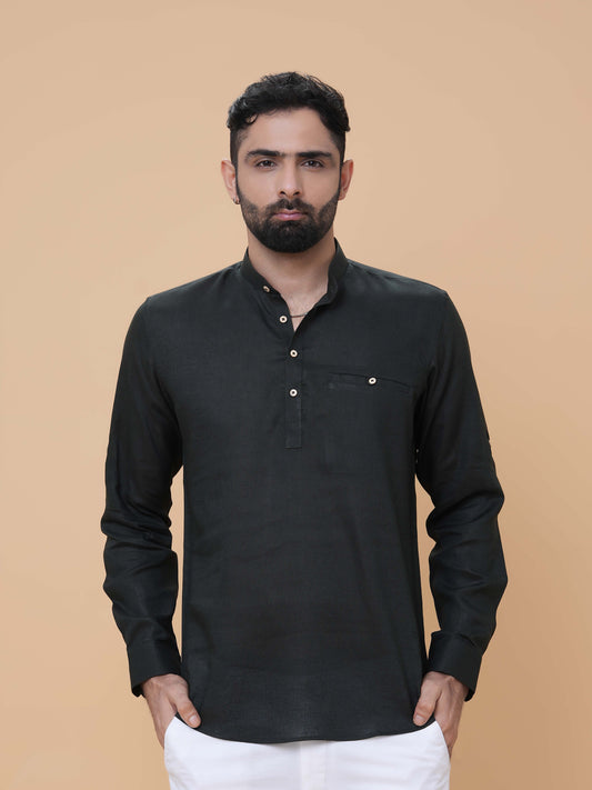 Bottle Green Linen Plain Short Kurta